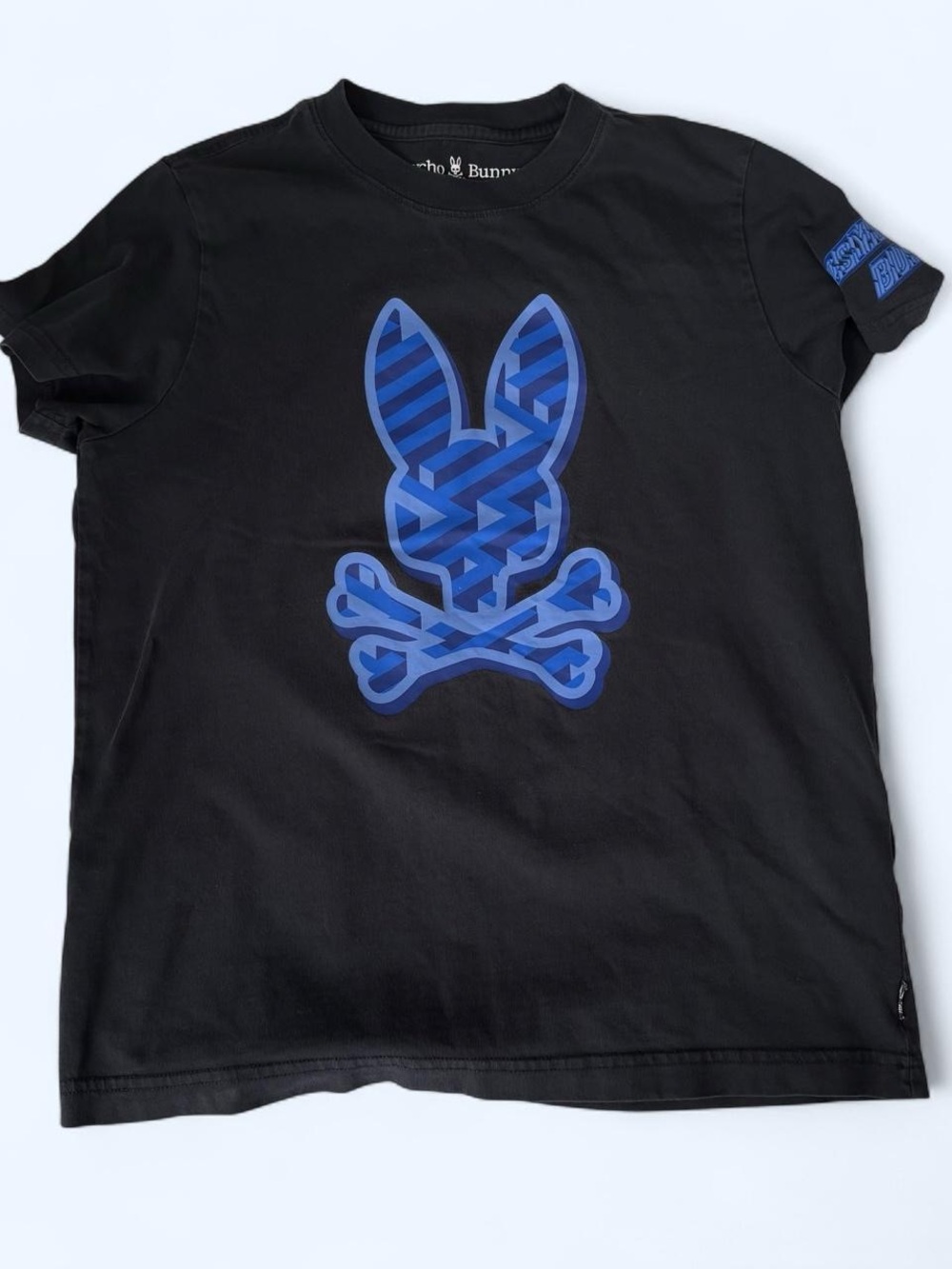 Psycho Bunny Black Tee with Blue Bunny Skull Graphic